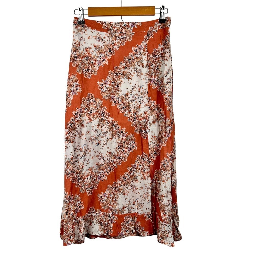 Coco + Jaimeson Boho Cottage Floral Midi Slip Skirt Terracotta Orange Small